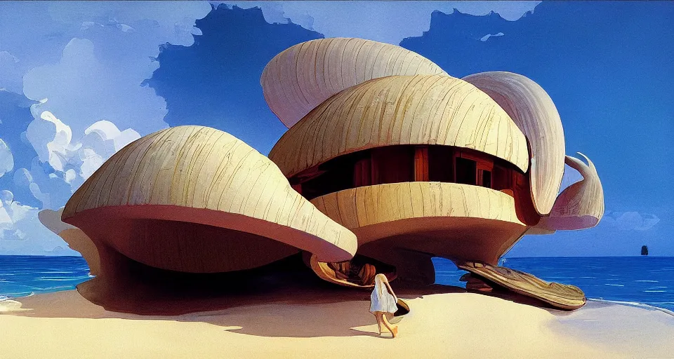Image similar to clamshell seashell house where a hermit girl lives, atmospheric cinematography by syd mead