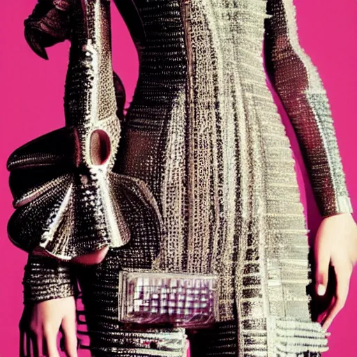 Image similar to close up of female movie star of the seventies with futuristic avant - garde dress, official valentino editorial, highly detailed