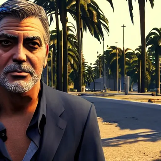 Image similar to george clooney in gta v. los santos in background, shallow depth of field, palm trees in the art style of stephen bliss