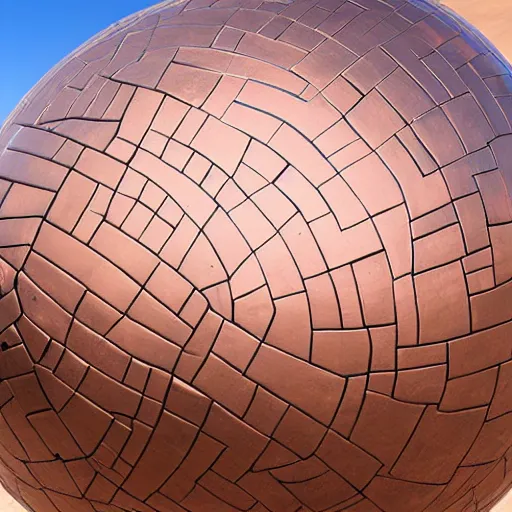 Image similar to a large copper ball with a mirror finish site in the arizona desert, photorealistic