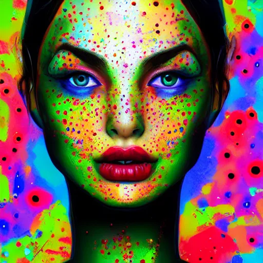 Prompt: beautiful face of girl in style spotty pointism with three eyes, super bright colors, colored spots, mixed liquid acrylic, painting come to life, artstation, ultradetail