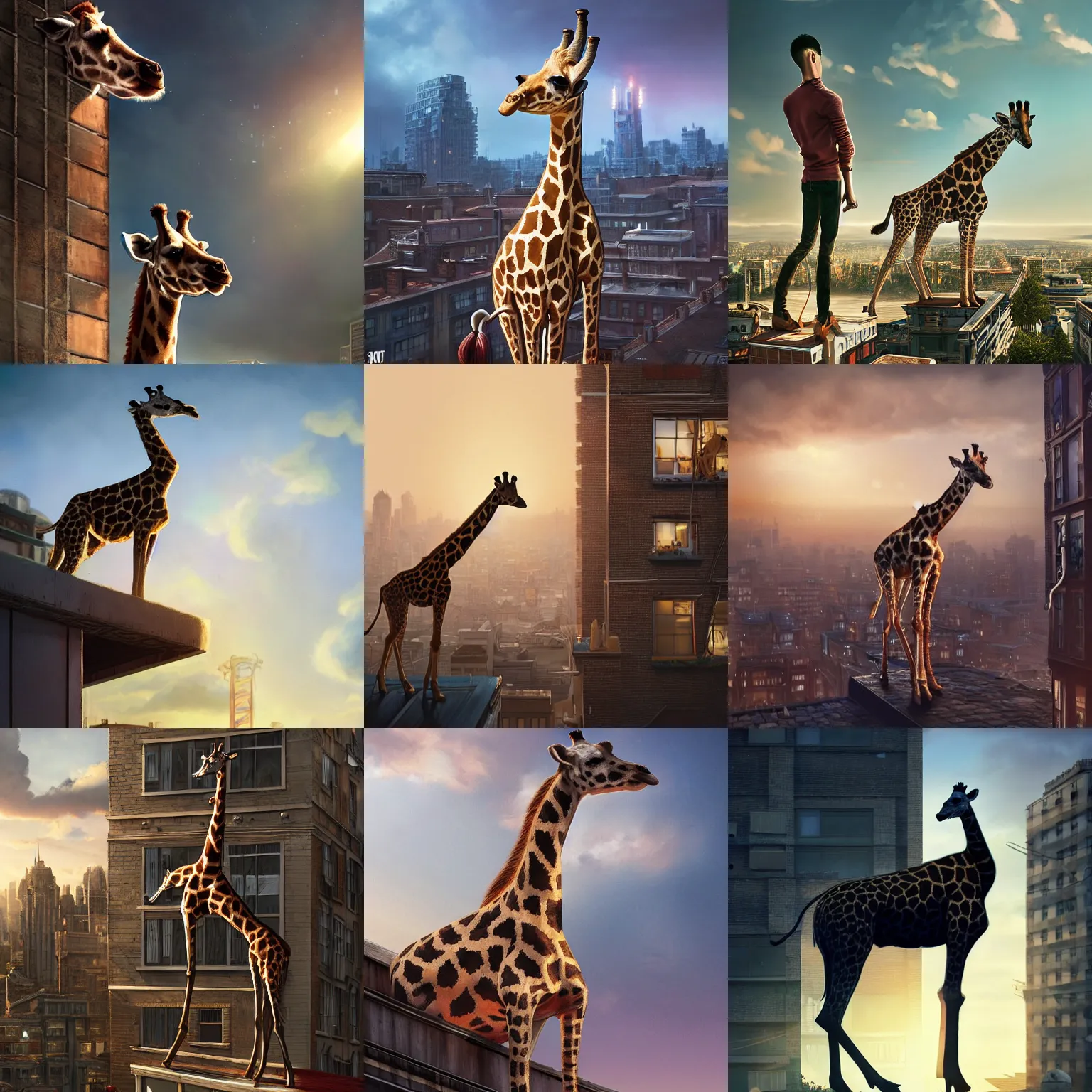 Image similar to a dog standing on the rooftop, the dog looks like giraffe, giraffe head and giraffe body, fantasy, intricate, epic lighting, cinematic composition, hyper realistic, 8 k resolution, unreal engine 5, by artgerm, tooth wu, dan mumford, beeple, wlop, rossdraws, james jean, andrei riabovitchev, marc simonetti, artstation