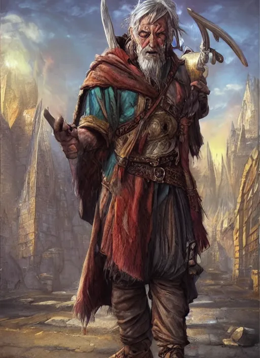 Image similar to poor beggar on the streets, ultra detailed fantasy, dndbeyond, bright, colourful, realistic, dnd character portrait, full body, pathfinder, pinterest, art by ralph horsley, dnd, rpg, lotr game design fanart by concept art, behance hd, artstation, deviantart, hdr render in unreal engine 5