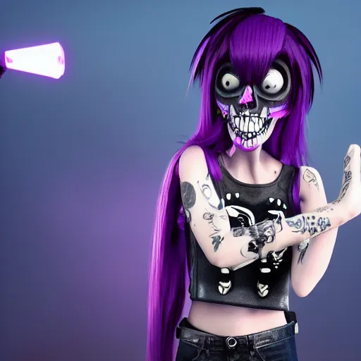 Image similar to high detail unreal engine render of a punk girl with purple emo hair, a skull shirt, and studded arm bands screaming into a microphone in pixar style 4 k