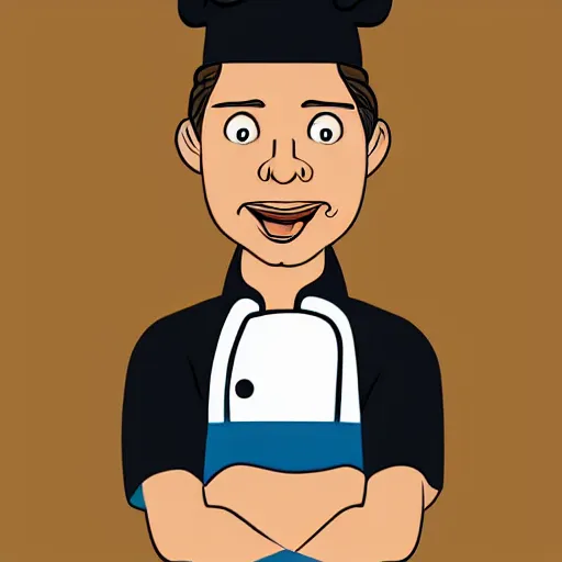 Prompt: portrait of a cook or chef looking at the camera, cartoon, digital art, symmetrical face, smiling face happy