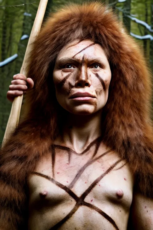 Image similar to a professional portrait photo of a muscular neanderthal woman in the forest in winter holding a spear, freckles and dirt on face, black stripe painted side to side across her eyes, ginger hair and fur, extremely high fidelity, natural lighting, still from the movie clan of the cave bear