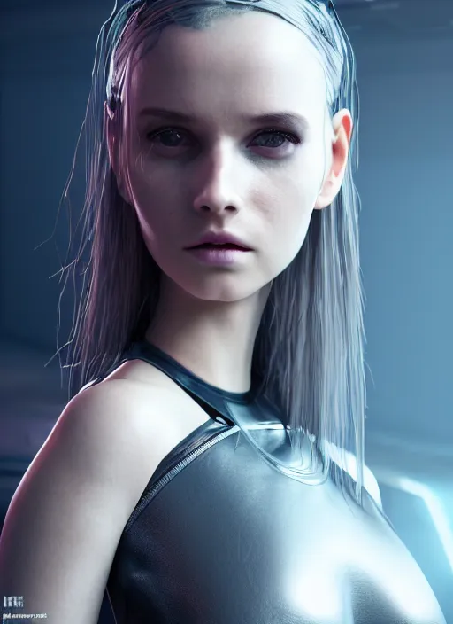Image similar to 3 / 4 portrait, emma bot queen, futuristic fashion clothing, bio enhanced, brunette, long hair, id magazine, hyperrealism, detailed textures, photorealistic, 3 d cyberpunk apocalyptic city, ultra realistic, cinematic, intricate, cinematic light, unreal engine 8 k, octane render, unreal engine, david kostic, artgerm
