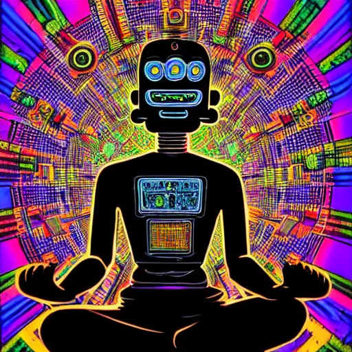 Image similar to a black tshirt with a hyperdetailed portrait of a meditating steampunk robot by robert crumb, 8 k, symetrical, flourescent colors, happy trippy mood, multicolored,