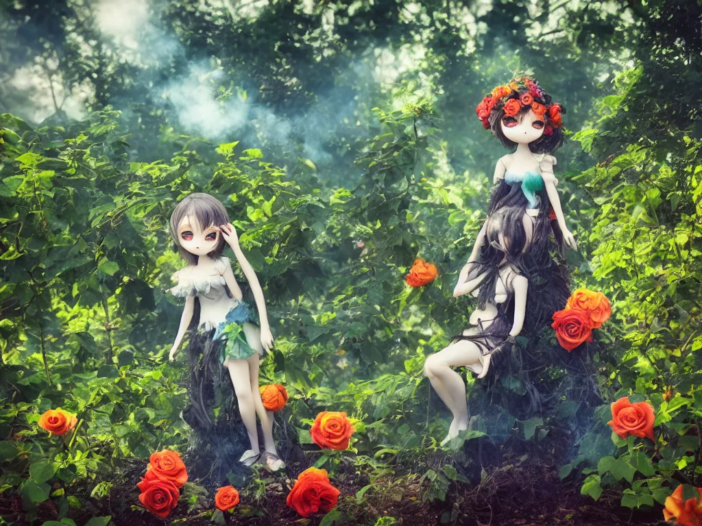 Prompt: cute fumo plush girl among vines in the middle of a lush rose garden, glowing gothic wraith plantgirl, tattered green dress, smoke and orange volumetric fog, blue sky sunshine, bokeh, vray