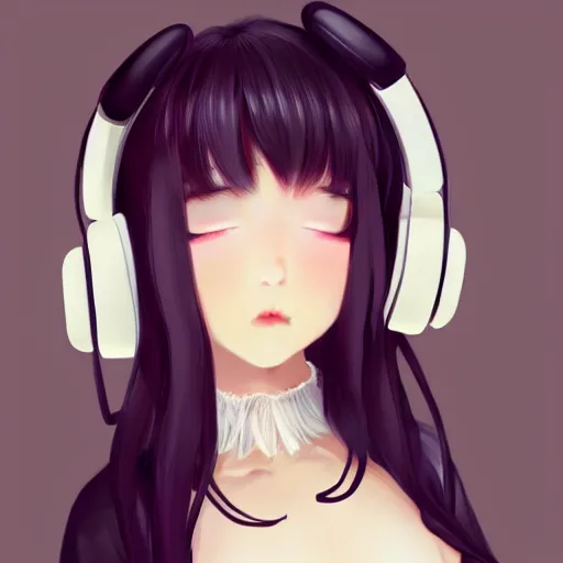 Image similar to realistic beautiful gorgeous buxom natural cute blushed shy girl Blackpink Lalisa Manoban black hair cute fur black cat ears, wearing white camisole, headphones, black leather choker artwork drawn full HD 4K highest quality in artstyle by professional artists WLOP, Taejune Kim, Guweiz on Pixiv Artstation