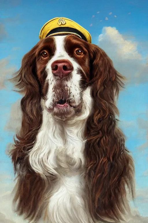 Image similar to a painted portrait of a springer spaniel with brown fur, no white fur, wearing a sea captain's uniform and hat, sea in background, oil painting by thomas gainsborough, elegant, highly detailed, anthro, anthropomorphic dog, epic fantasy art, trending on artstation, photorealistic, photoshop, behance winner