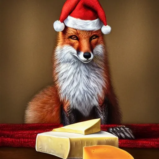 Image similar to perfectly-centered-Portrait-full-shot of a fox, wearing a santa hat, sitting next to a pile of cheese, intricate, elegant, super highly detailed, professional digital painting, artstation, concept art, smooth, sharp focus, no blur, no dof, extreme illustration, Unreal Engine 5, 8K, art by artgerm and greg rutkowski and alphonse mucha and loish and WLO