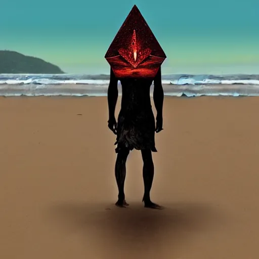 Image similar to pyramid head walking on the beach, realistic