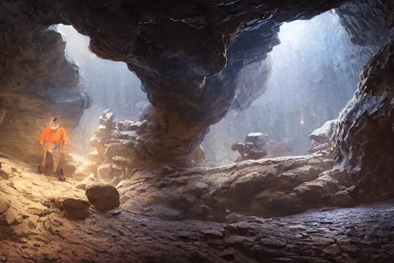 Image similar to a guy with a helmet explores a cave with an art gallery, expressive oil painting, digital art, gallery in a cave, by dan mumford, by greg rutkowski, volumetrics, octane render