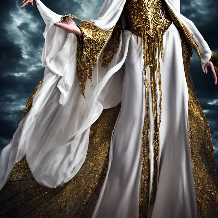 Image similar to full length photo of a very beautiful!! elemental air witch with ornate white robes, highly detailed, 4 k, hdr, smooth, sharp focus, high resolution, award - winning photo