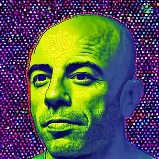 Prompt: a portrait of joe rogan with a psychedelic background with bokeh