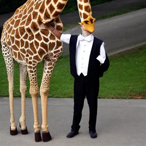 Image similar to a giraffe dressed as a butler