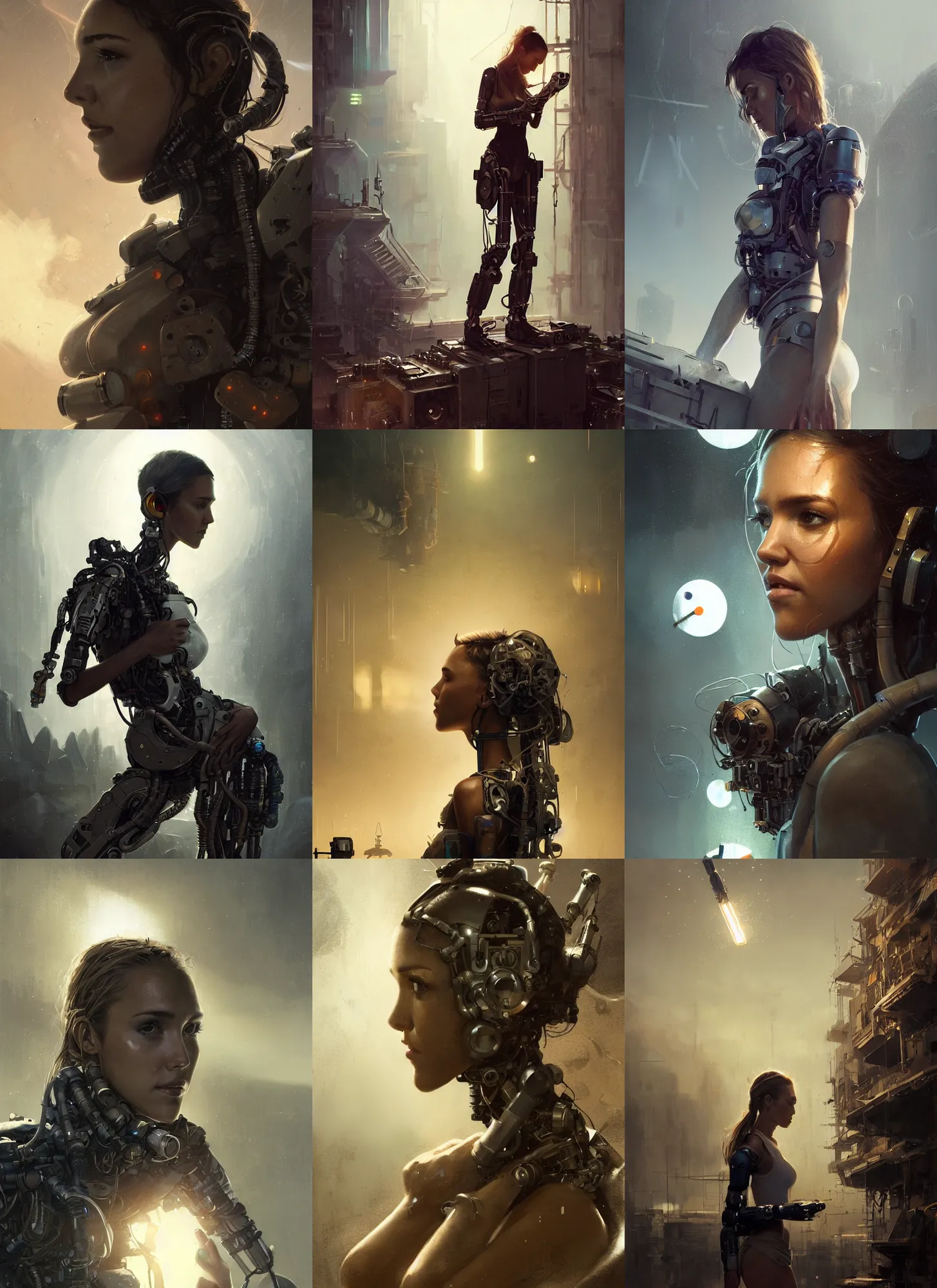 Prompt: a barefoot rugged engineer jessica alba girl with cybernetic enhancements working assembling a satellite, scifi character portrait by greg rutkowski, esuthio, craig mullins, 1 / 4 headshot, cinematic lighting, dystopian scifi gear, gloomy, profile picture, mechanical, half robot, implants, steampunk