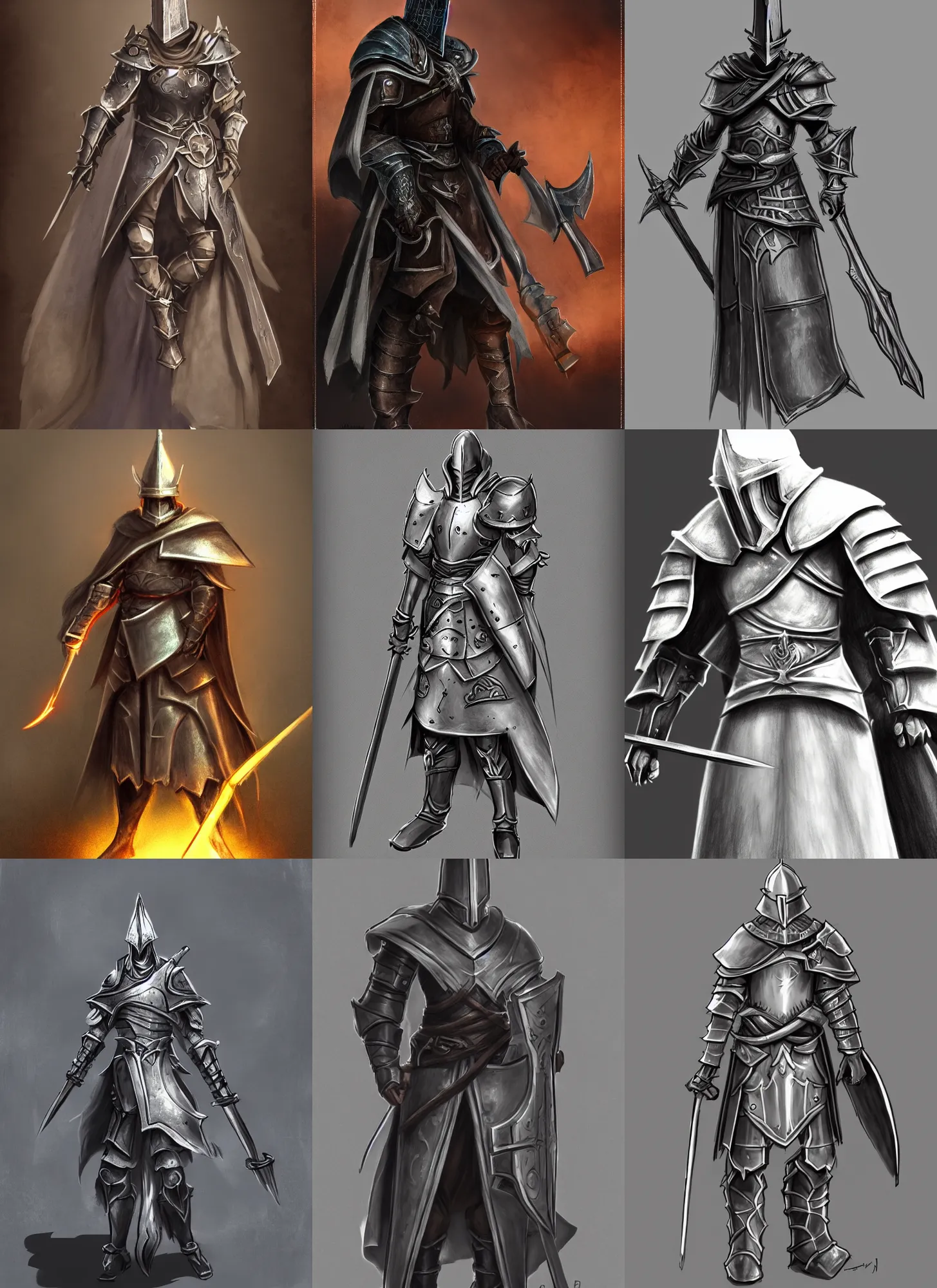 Prompt: a drawing of a paladin wearing a capirote, concept art by miyazaki, dark souls, polycount, antipodeans, concept art, official art, polycount