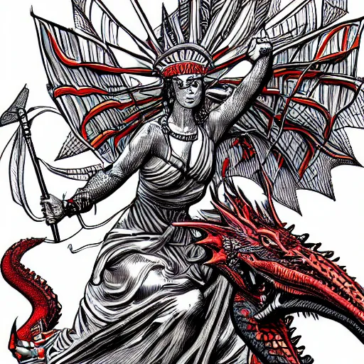 Prompt: Lady Liberty riding the red dragon of china. illustration concept art in the style of Arthur Adams