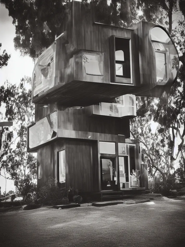 Image similar to “A perfectly centered beautiful black and white 24mm photo of mid-century retro-futuristic tiny house in Los Angeles”