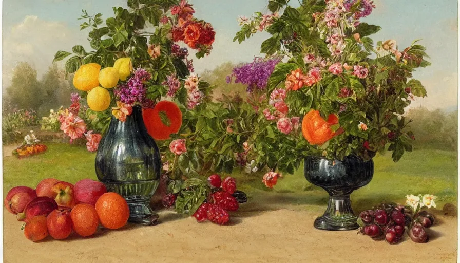 Image similar to perfume bottle in a garden of glorious bounty of summer fruits and flowers, by william mason brown