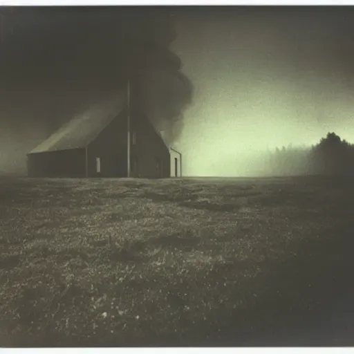 Image similar to polaroid by andrei tarkovsky and beksinski, surreal fever ray video of nordic house with smoke pouring out of the door into the sky, rim light, shot at night with studio lights, liminal space, photorealistic, high definition, technicolor, award - winning photography, masterpiece, amazing colors,