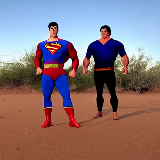 Prompt: supermen and hulk playing soccer together at desert