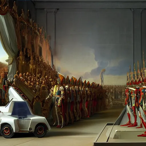 Image similar to sci fi car transport design organic smooth elastic forms 30% of canvas; wall structure on the coronation of napoleon painting 20% of canvas; by Jacques-Louis David, pinterest keyshot product render, cloudy plastic ceramic material shiny gloss water reflections, ultra high detail ultra realism, 4k