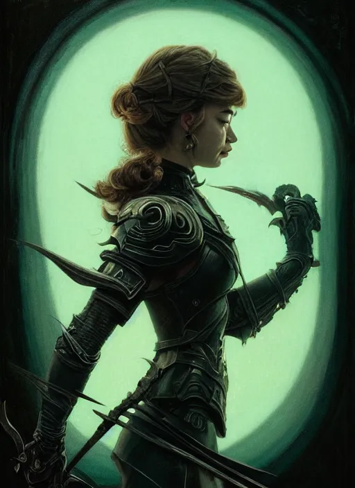 Image similar to side portrait, imogen poots, deathknight, black armor, gloomhaven, soft, smooth, luminescent, haunting, pale green backlit glow, evil inky swirly ripples, sickly colors, 8 k, by mucha, greg rutkowski, jesper ejsing, rhads, ilya kuvshinov, cushart krenz