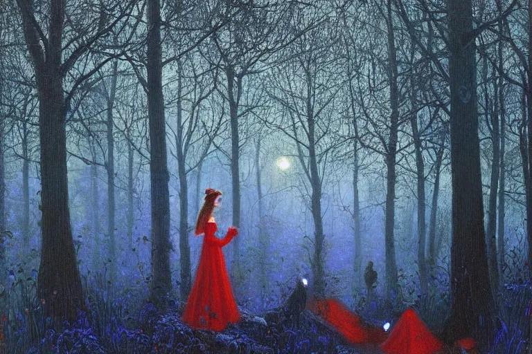 Image similar to the scarlet witch awaits her pursuers, victorian hunters, night time, deep forest, highly detailed, focus, mist nizovtsev, victor