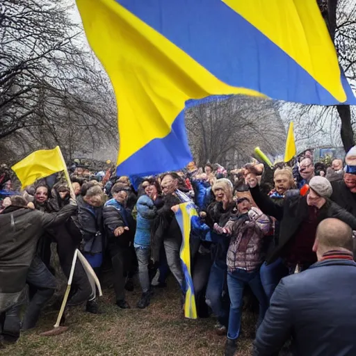 Image similar to a crowd of people with ukrainian flags throw down a bust of volodymyr lenin