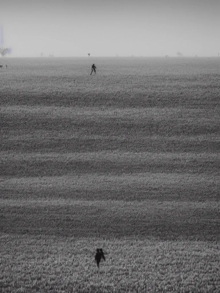 Image similar to field with human silhouettes running, black and white