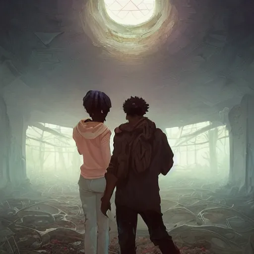 Image similar to symmetry!! highly detailed portrait of a black couple entering a hellscape, by stephen bliss, unreal engine, fantasy art by greg rutkowski, loish, rhads, ferdinand knab, makoto shinkai and lois van baarle, ilya kuvshinov, rossdraws, tom bagshaw, global illumination, radiant light, detailed and intricate environment