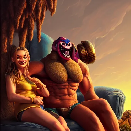 Image similar to intricate beautiful hyperreal portrait of grog strongjaw and pike trickfoot, smiling softly, casual clothes, relaxing on the couch, home interior, golden hour, close up shot, 8 k, art by irakli nadar, hyperrealism, hyperdetailed, ultra realistic