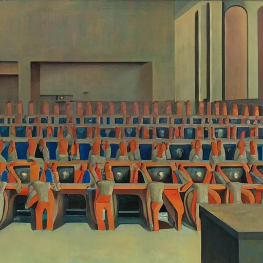 Image similar to drab human workers building robots, watched by evil fascist overlords, brutalist factory chapel, dystopian, pj crook, edward hopper, oil on canvas