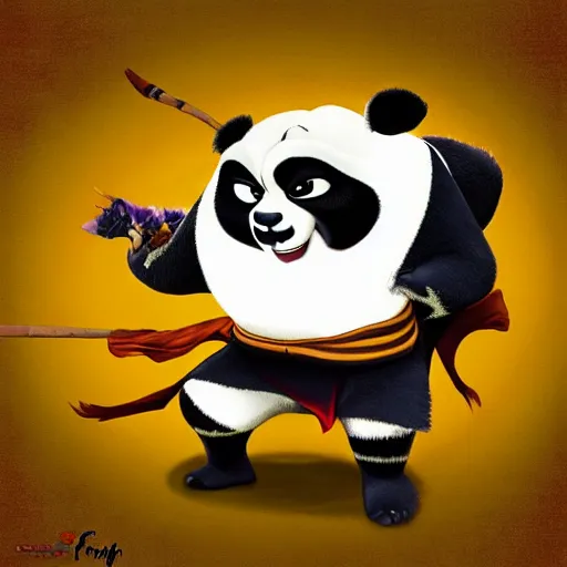 Prompt: po from kung fu panda fighting bruce lee, baroque art style,