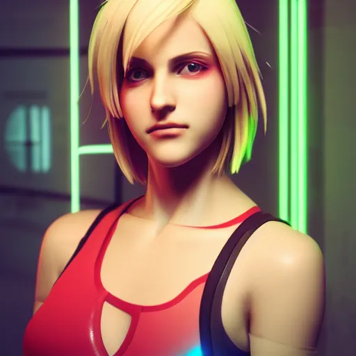 Image similar to Annie Leonhart in a neon city, octane render 8k, photorealistic render, atmospheric render, beautiful face, cute, love tension, realistic skin