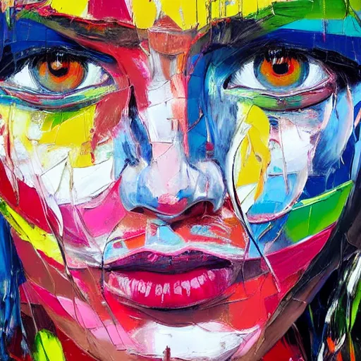 Prompt: yanomami indigenous, face, palette knife painting, acrylic paint, dried acrylic paint, dynamic palette knife oil paintings, vibrant palette knife portraits radiate raw emotions, full of expressions, palette knife paintings by francoise nielly