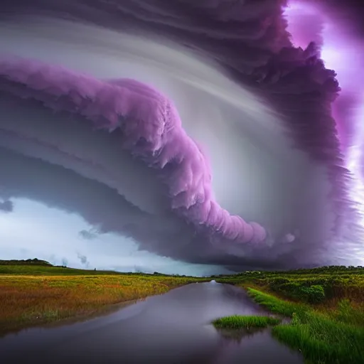 Image similar to amazing photo of purple clouds in the shape of a tornado by marc adamus, digital art, digital art, beautiful dramatic lighting