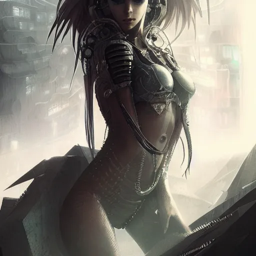 Prompt: kerli koiv, cyberpunk darksynth character art, sharp, digital matte painting, anime key art by luis royo, greg rutkowski, wlop, dramatic lighting, trending on artstation