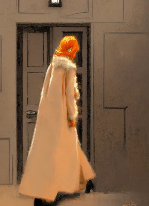 Image similar to back of emma stone in beige coat, orange hair, walking into new york apartment building in winter, opening door, building entrance, artwork by gaston bussiere, craig mullins, trending on artstation