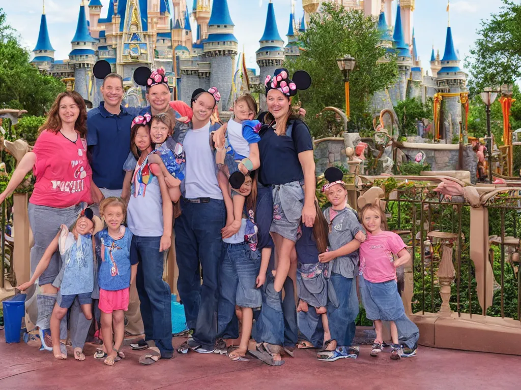 Prompt: Family photograph at Disney World