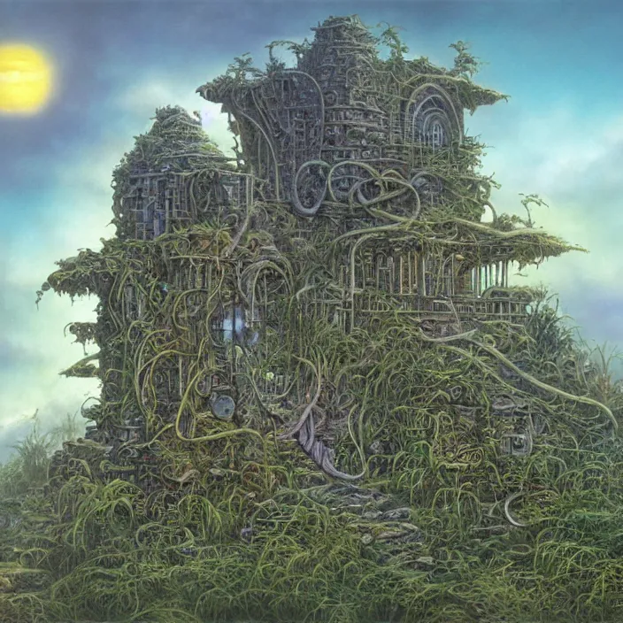Prompt: a building in a landscape, by rodney matthews