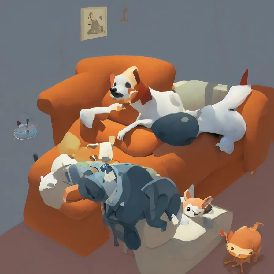 Image similar to Goro Fujita illustrating a dog looking down from the top of the sofa at his food bowl, art by Goro Fujita, sharp focus, highly detailed, ArtStation