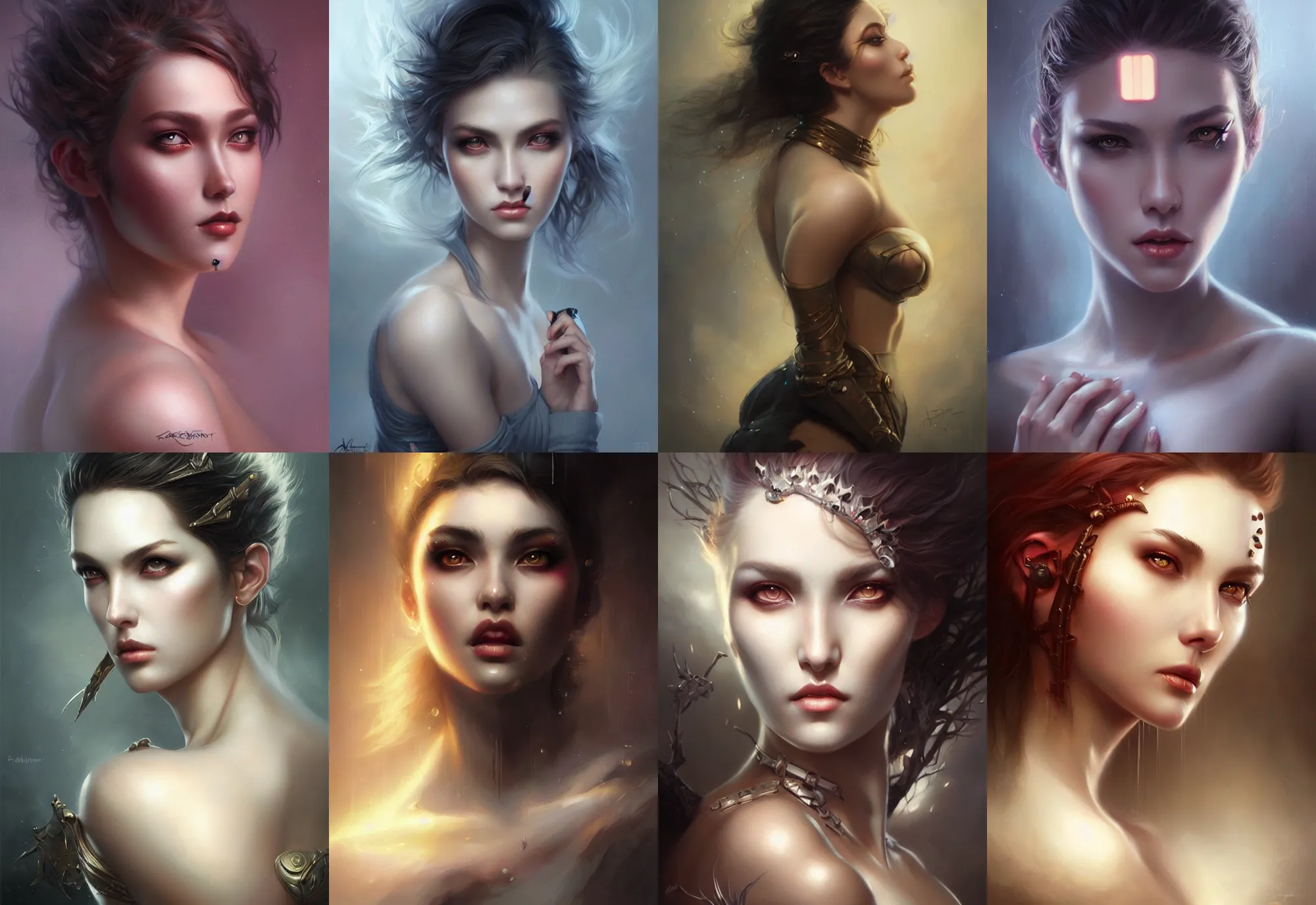 Prompt: a beautiful woman with cheek spikes, painted by artgerm and tom bagshaw, fantasy art, dramatic lighting, highly detailed oil painting