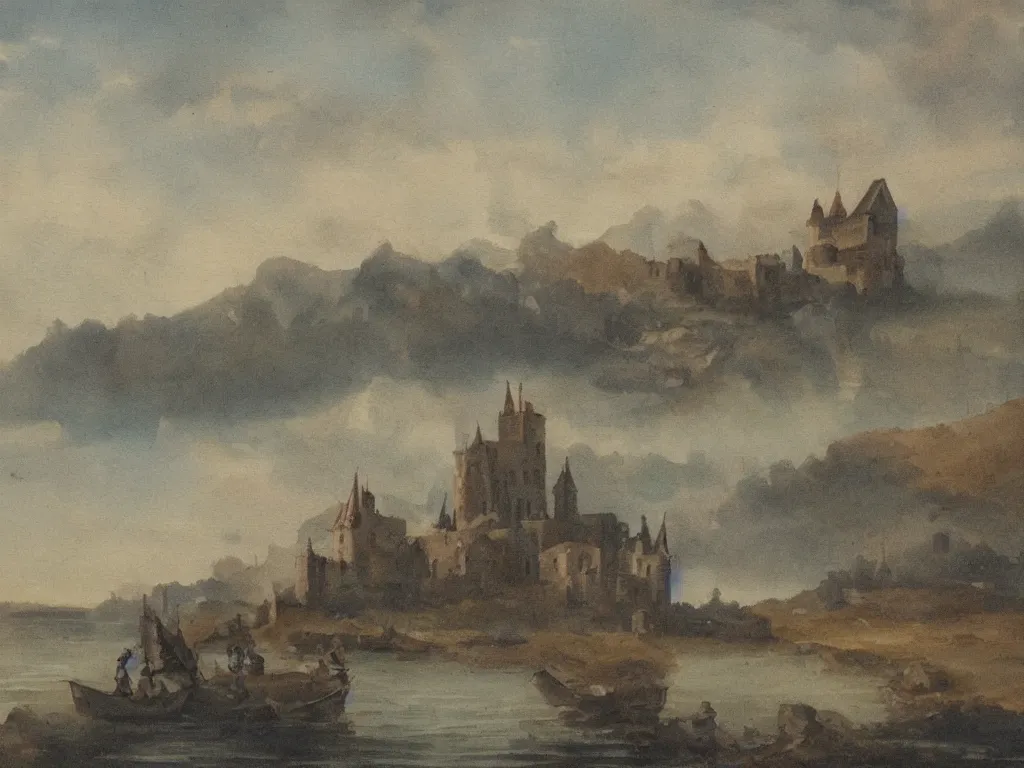 Prompt: a landscape painting of a castle on the ship