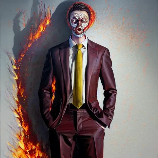 Image similar to a hyper realistic painting of a patient young man in a burning business suit, cloth is burning, full body painting, long shot, coherent symmetrical eyes, calm face, by jeffrey smith, by andrea kowch, by steve henderson, masterpiece, trending on artstation,