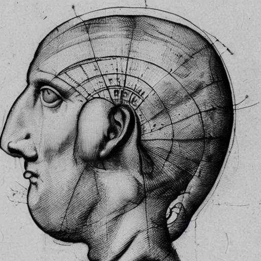 Prompt: head with four faces creature, drawn by da vinci