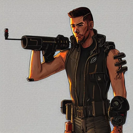 Prompt: Dangerous Hector. buff cyberpunk mercenary wearing a cyberpunk headset, military vest, and jumpsuit. Square face. Concept art by Sherree Valintine Daines and James Gurney. Industrial setting. ArtstationHQ. Creative character design for cyberpunk 2077.